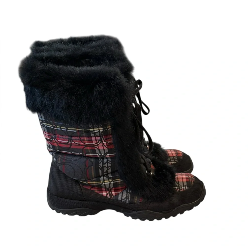 COACH Jennie Tartan Plaid Rabbit Fur Trim Lace Up Winter Snow Boots Size 9 - Picture 5 of 9